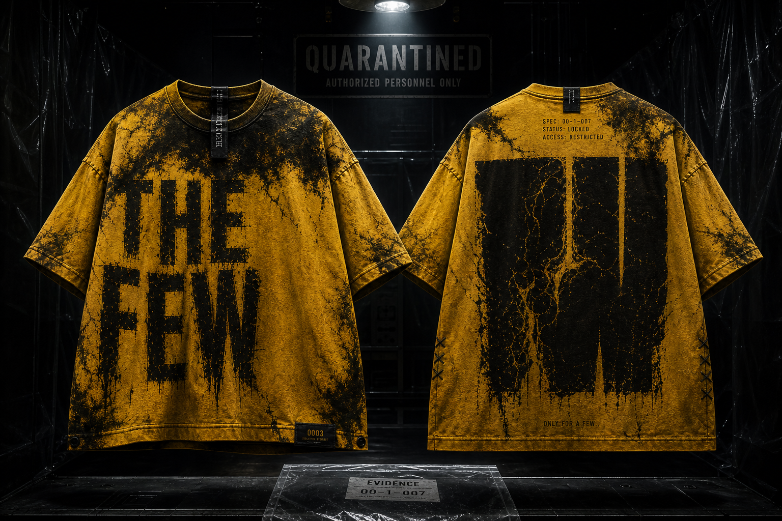 Quarantine-yellow THE FEW tee shown as contaminated evidence
