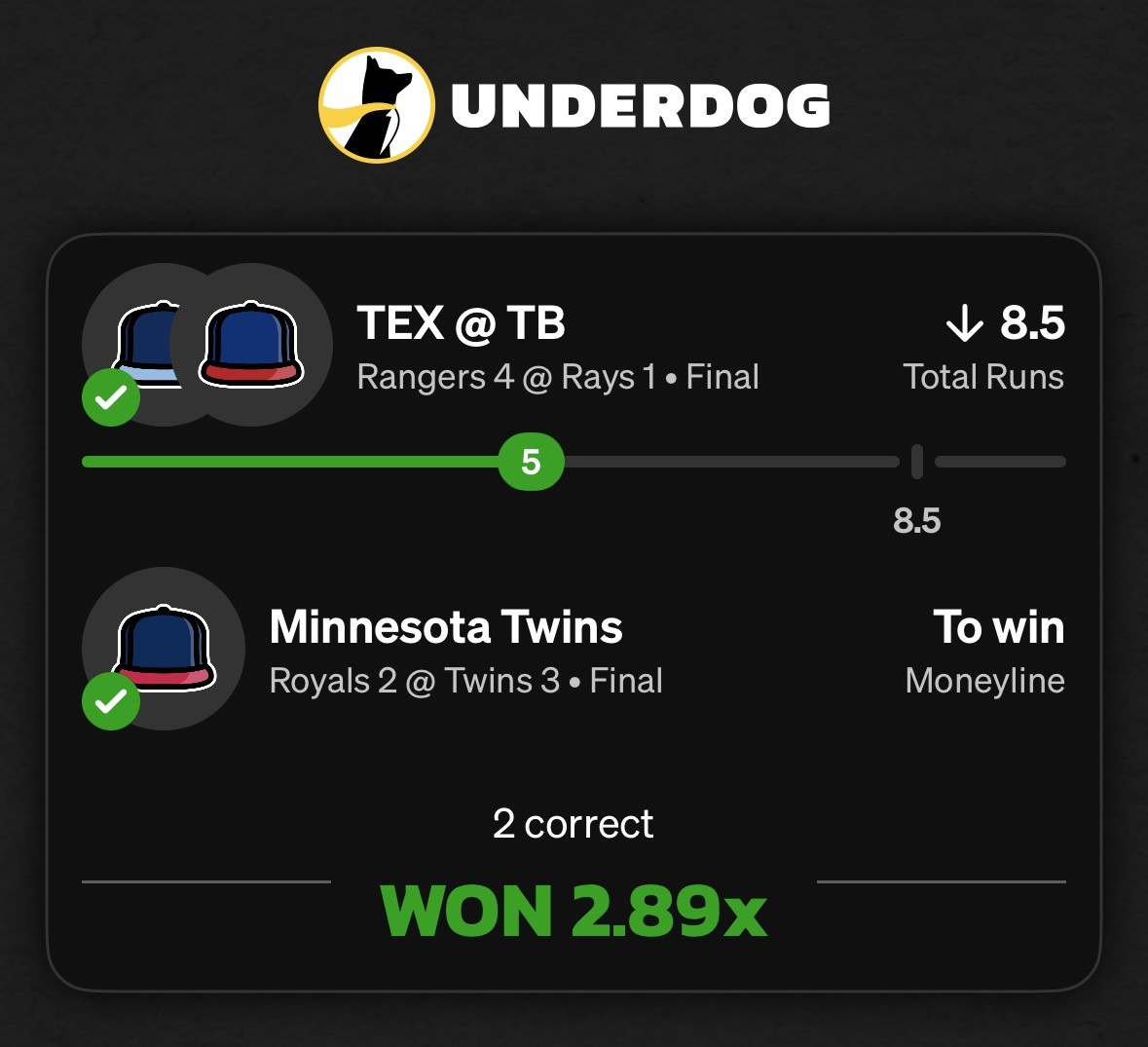 Underdog receipt showing a 2.89 times winning entry